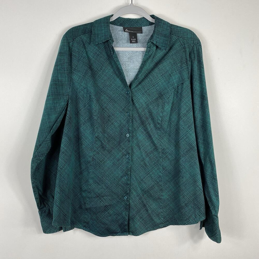 Lane Bryant Plus Size 16 Printed Long Sleeve Button Shirt Green Cotton Blend
